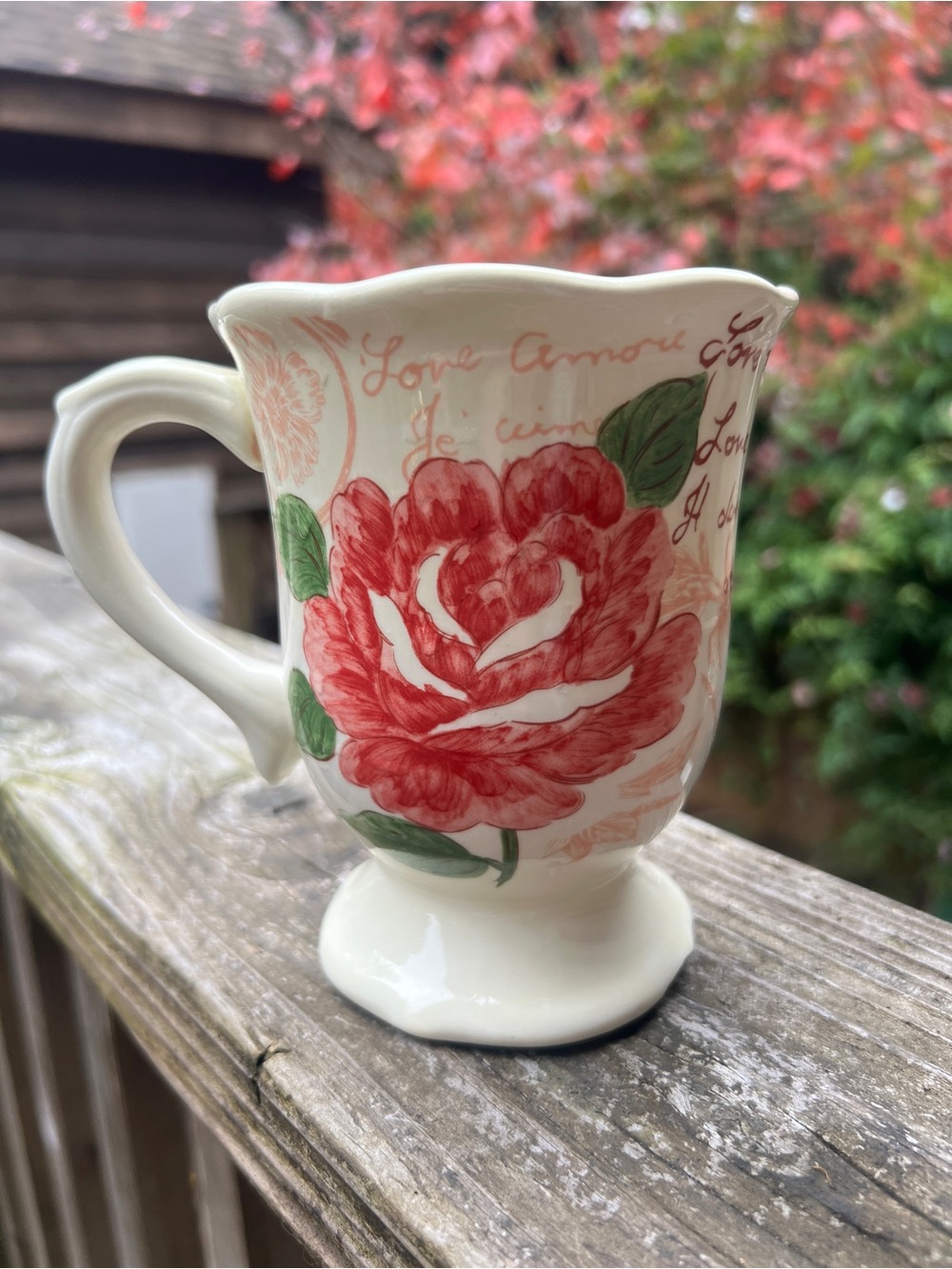 Cream Ceramic Mug with Red Floral Rose Love Design Vase